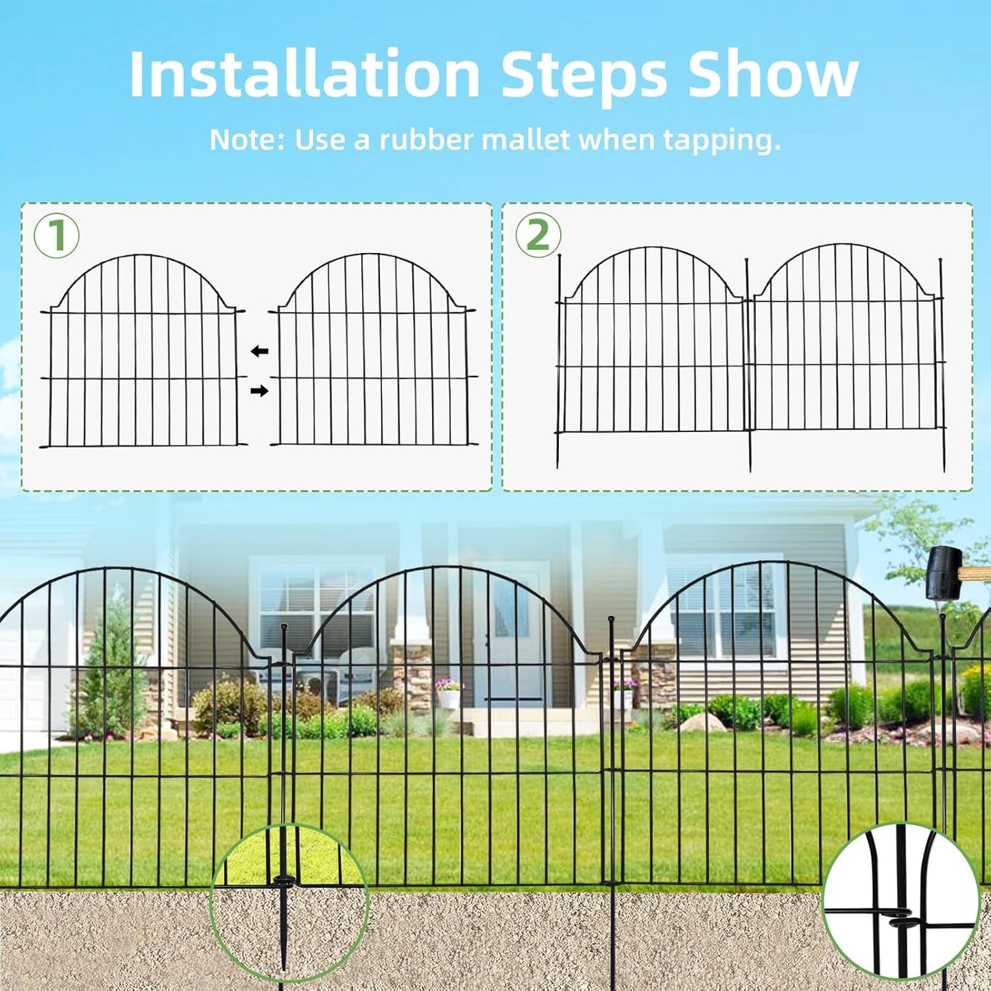 Decorative Metal Garden Fence with Gate Lock 10 Panels, 24in (H) x 20ft (L) No Dig Dog Fence Outdoor for Yard, Temporary Rustproof Metal Wire Rabbit Dog Garden Border Fencing for Patio