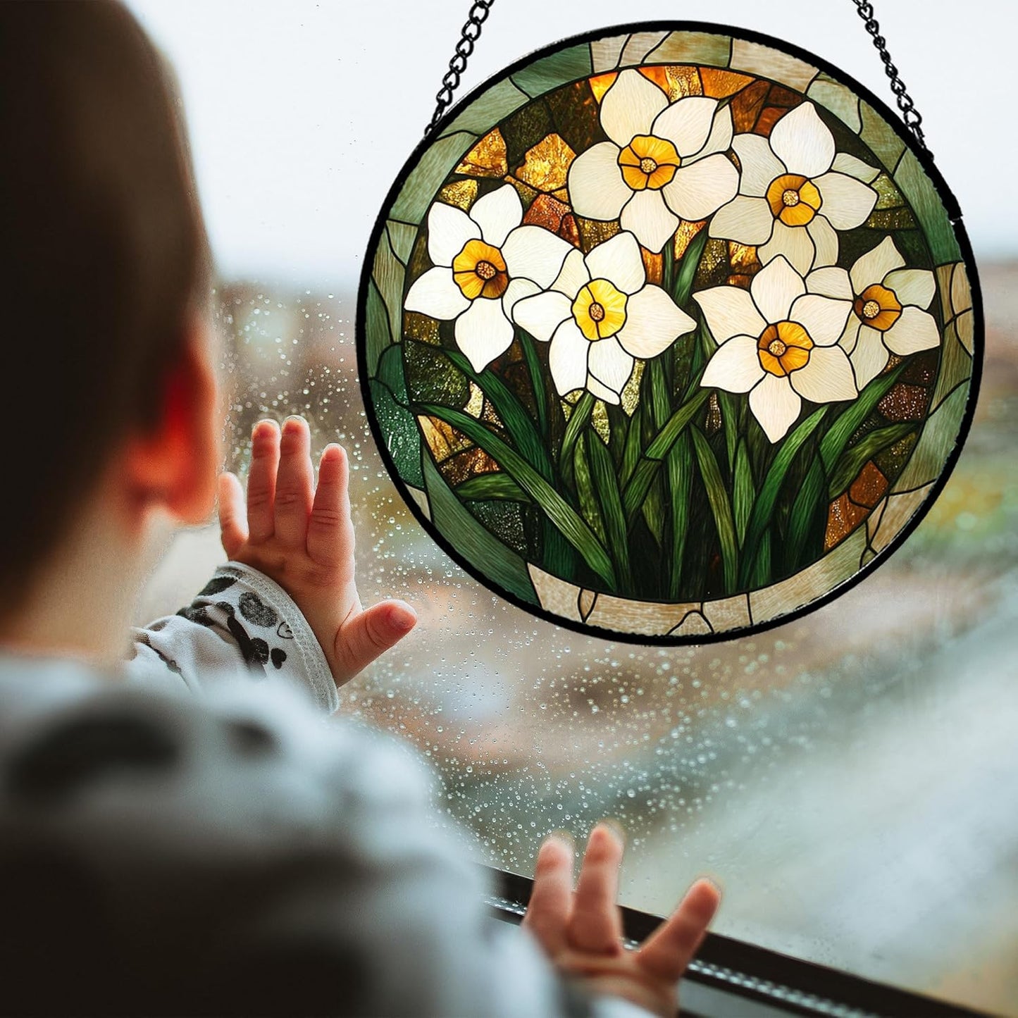 Stained Glass Window Hanging, White Lily Suncatcher for Door Garden Patio Birth Flower Green Plant Sun Catchers Decor Christmas Mother's Day Birthday Gifts for Women Mom Nana Friend 11.8 in