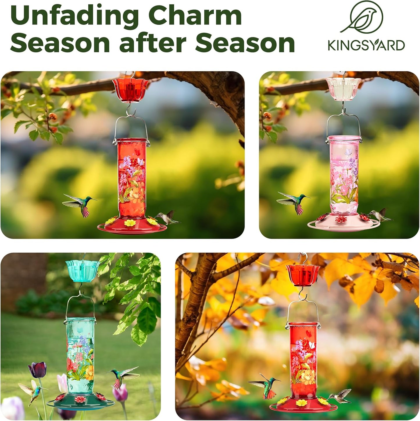 Kingsyard Hummingbird Feeder for Outdoor Hanging - Charming Patterned Glass Humming Bird Feeder with 6 Feeding Ports and Ant Moat, Ideal Gift Choice for Bird Lovers, Red