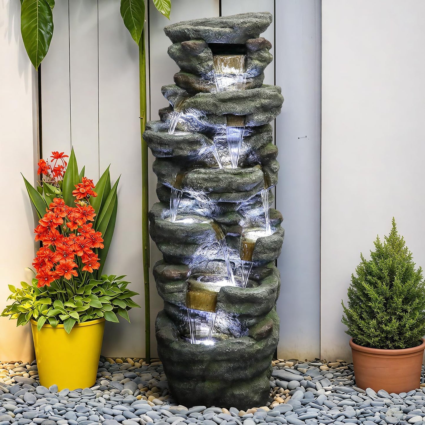 SunJet 51" High Multi-Tiers Cascading Rock Outdoor Water Fountain with LED Lights - Large Outdoor Resin Fountains and Waterfalls for Garden or Patio, Yard, Deck Decor, Featuring Natural Stone Look