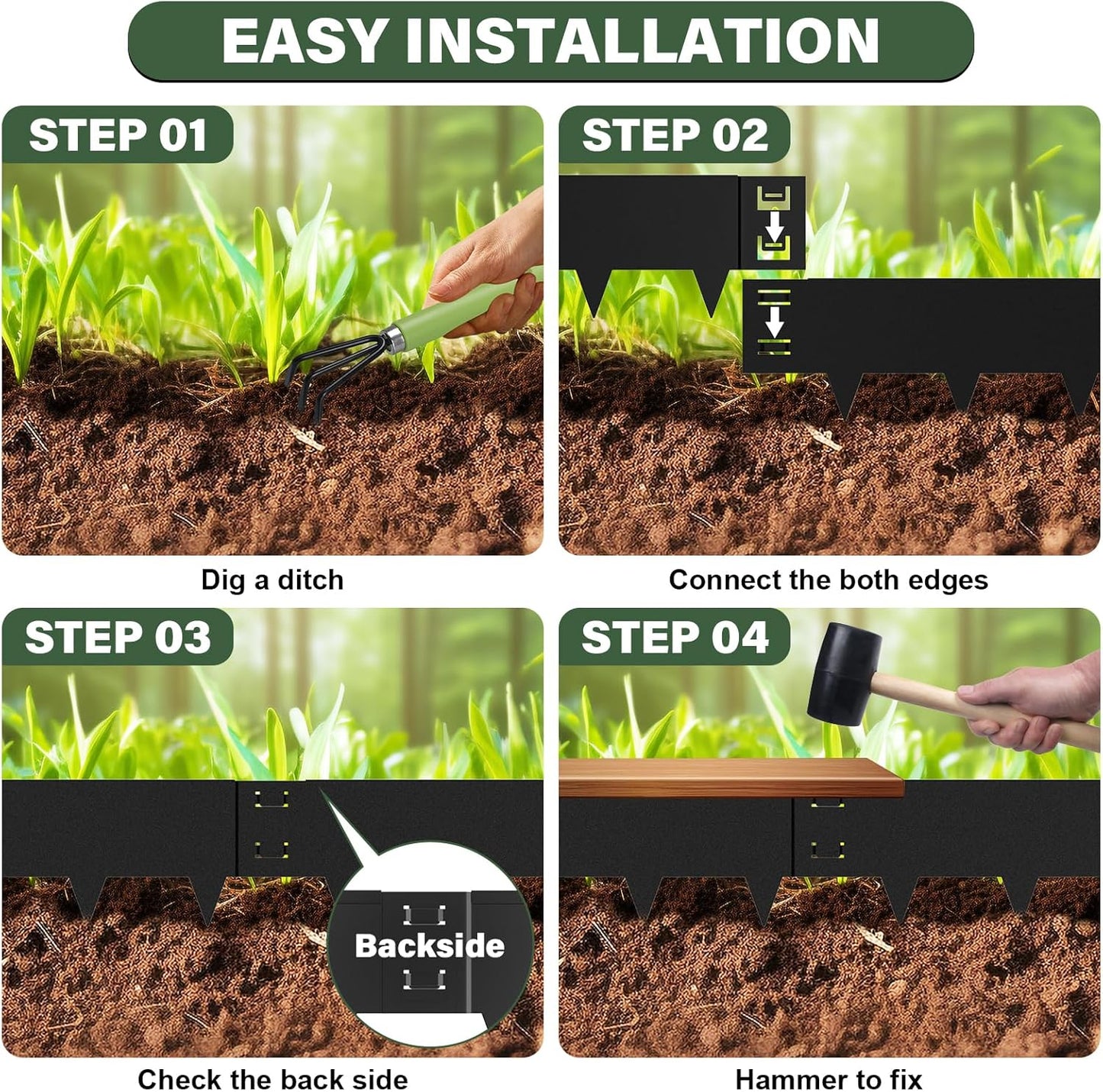 Galvanized Steel Landscape Edging - 40 Inch Strips, 6 Inch Depth, 6-Pack Black Bendable Metal Edging (20FT Total Length)