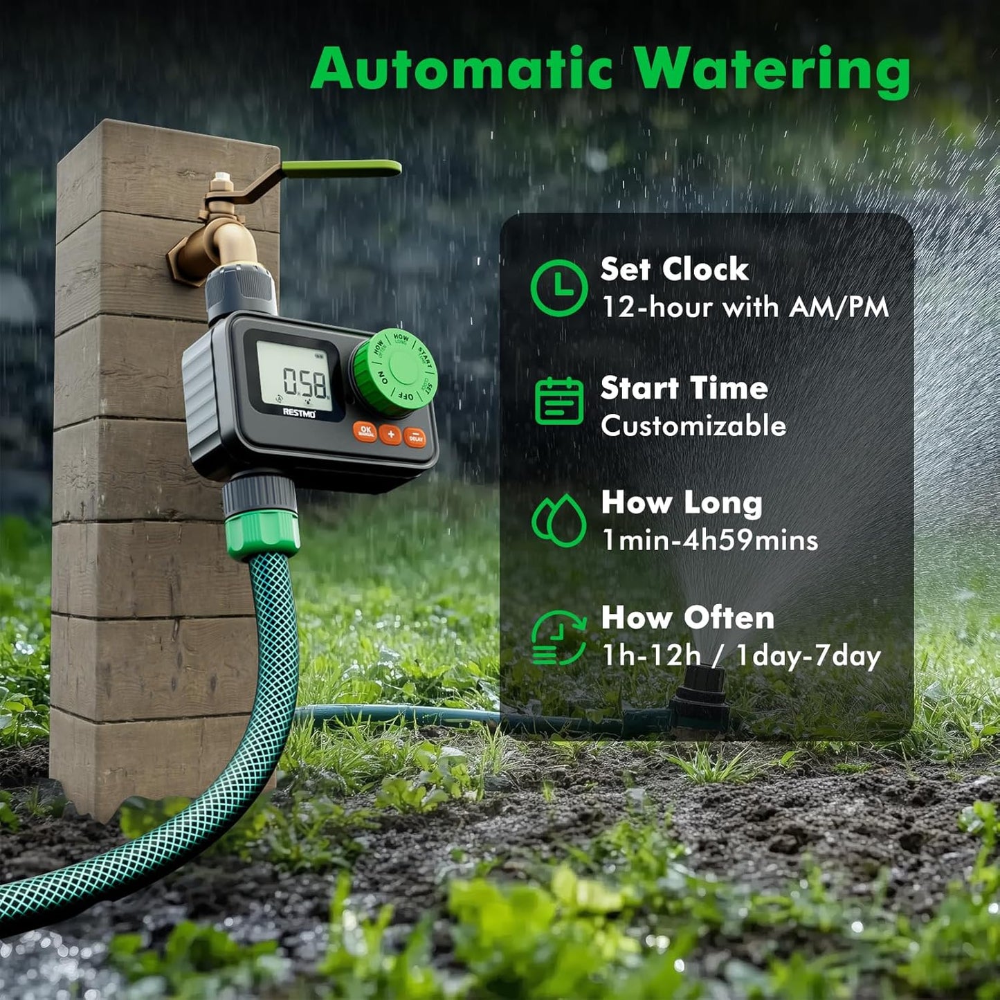 RESTMO Sprinkler Timer, Programmable Water Timer for Garden Hose, Automatic Control | Manual ON/Off | Rain Delay for Outdoor Faucet, Drip Irrigation and Lawn Watering System