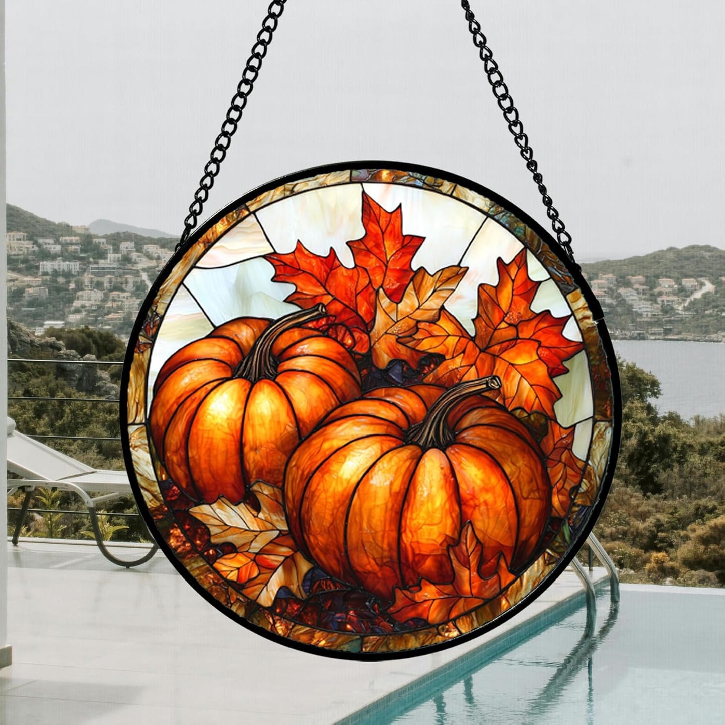 Stained Glass Window Hanging, Pumpkin Maple Leaf Suncatcher for Doors Home Sun Catchers Decoration and Christmas, Mother's Day Birthday Gifts for Women, Men, and Mom 15x15 in