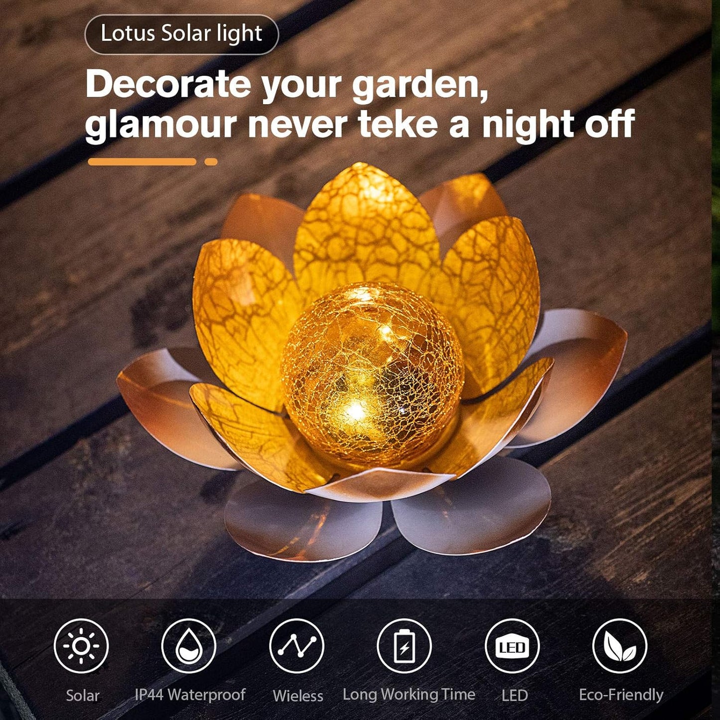 Huaxu Solar Lights Outdoor Garden Decorative Art Metal Lotus Cracked Glass Ball Waterproof Decorations for Pathway Lawn Patio Yard Ground Tabletop Gifts