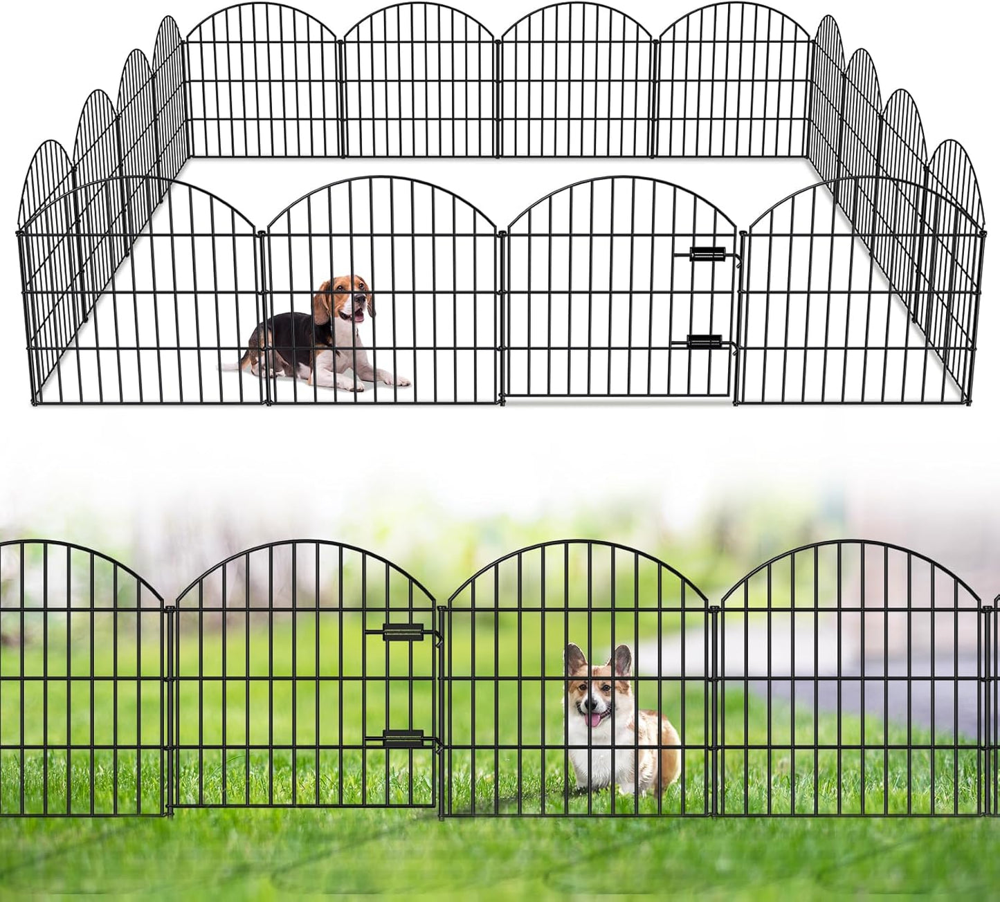 Metal Garden Fence with Gate 28in (H) x 37.3ft (L), 1 Gate + 15 Panels Dog Fences Border Fence Animal Barrier, No Dig Garden Fencing for Yard Backyard Landscape, ECG2816G Black