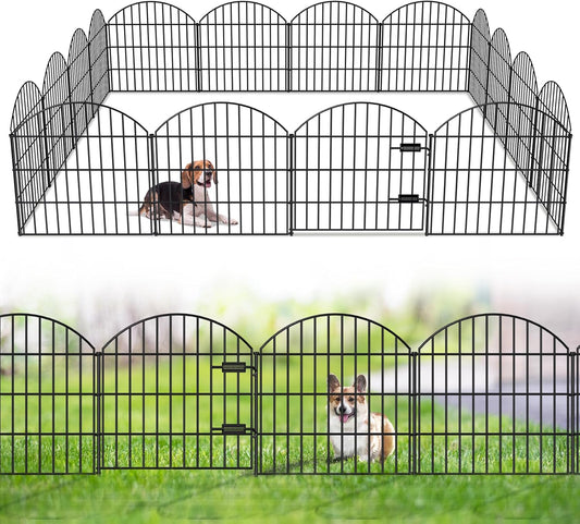Metal Garden Fence with Gate 28in (H) x 37.3ft (L), 1 Gate + 15 Panels Dog Fences Border Fence Animal Barrier, No Dig Garden Fencing for Yard Backyard Landscape, ECG2816G Black