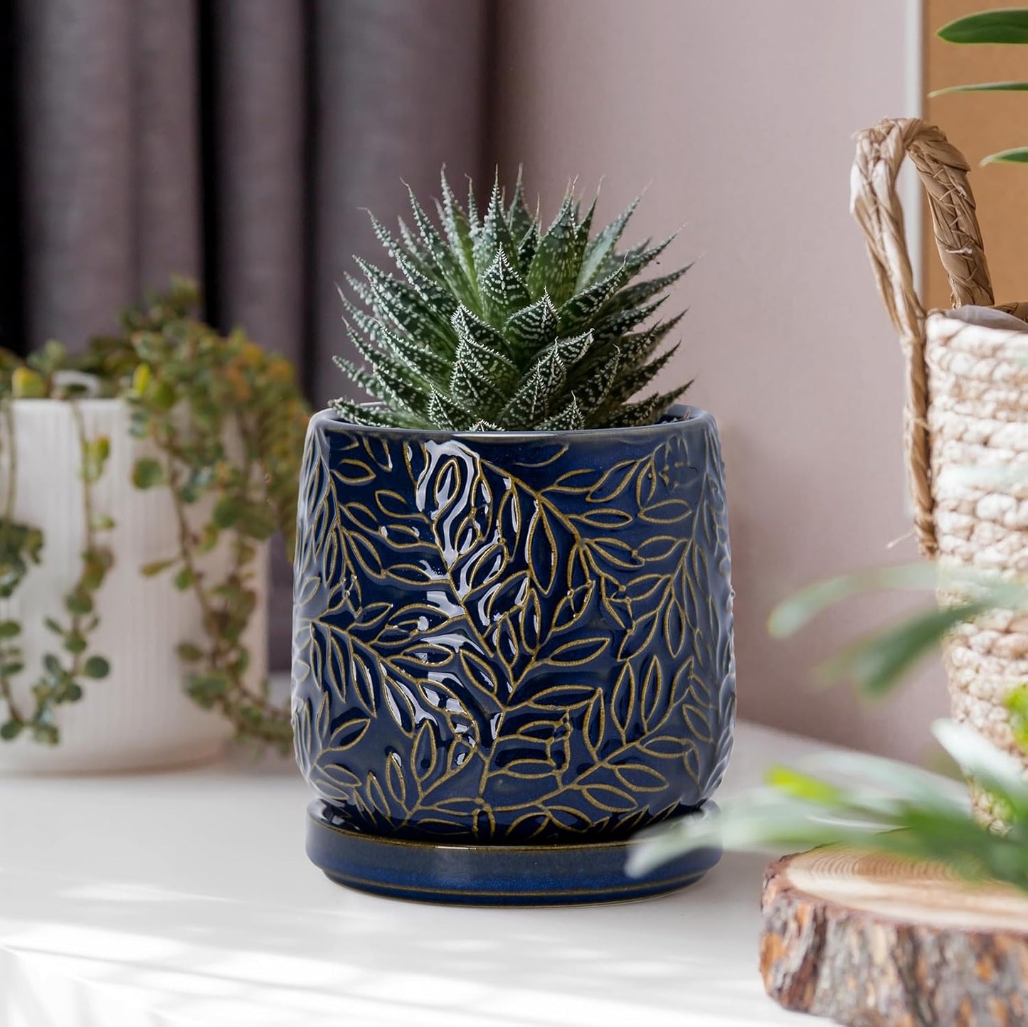 D'vine Dev 4 Inch Embossed Leaves Stoneware Planter Pot with Drainage Hole and Saucer, Midnight Blue, Set of 2, 27-F-Z-3