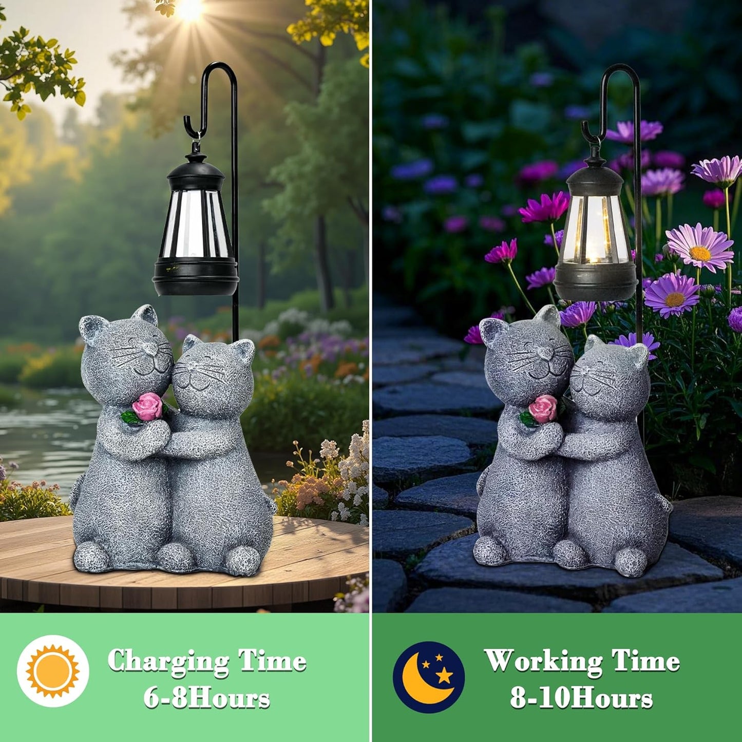 Outdoor Cat Garden Statues with Solar Lantern - Romantic Resin Kitty Couple Holding Rose, Funny Solar Cat Decor Gifts for Women, Cats Figurines for Yard Lawn Porch Patio