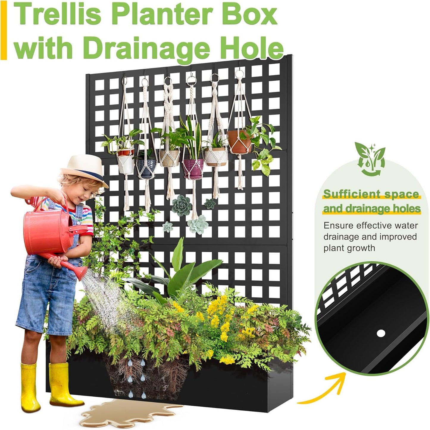 FENCY Metal Raised Garden Bed with Trellis, Metal Planter Box with Trellis, Garden Box for Climbing Plants Vegetable, 47''Lx16''Wx71''H Garden Bed with Drainage Holes(Black)