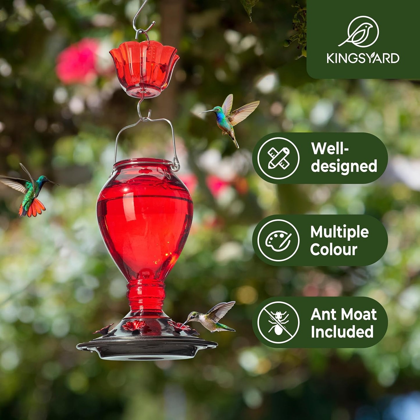 Kingsyard Glass Hummingbird Feeder - 6 Bee Guard Feeding Ports & Ant Moat, 24 oz Leak Proof, Wild Bird Feeder for Outdoors Hanging, Easy to Clean & Refill, Garden Yard Décor, Red