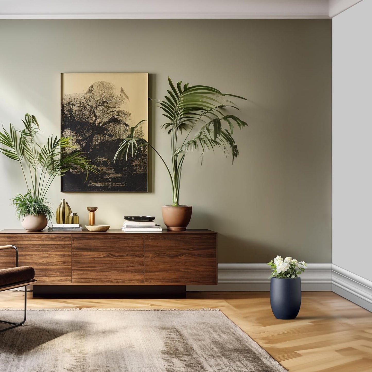 Kante 11.8 Inch Tall Concrete Planter, Large Indoor Outdoor Plant Pot with Drainage, Smooth Charcoal Finish with Forest Green Interior, Ideal for Porch, Home, Garden, Patio