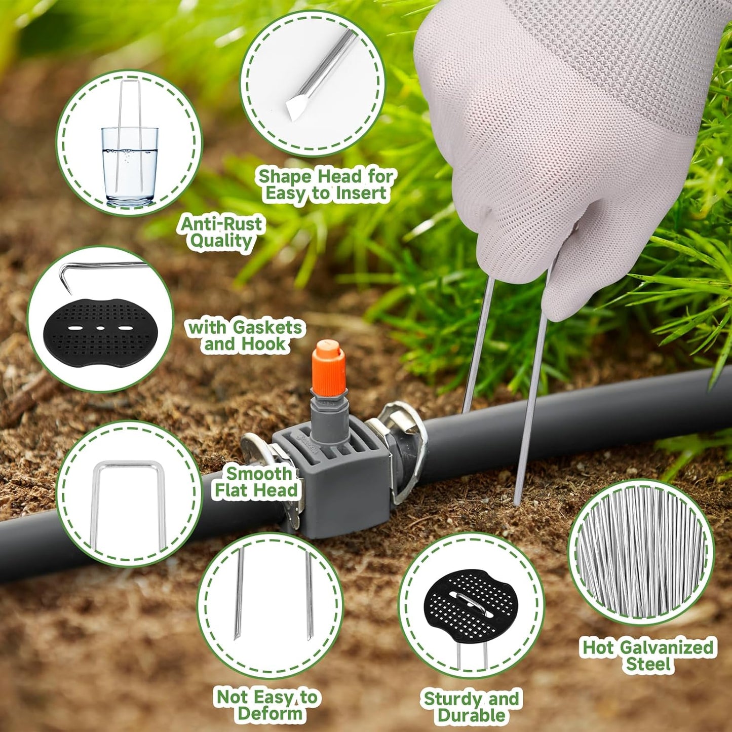 Garden Stakes,6 Inch 11 Gauge 200pcs Galvanized Landscape Staples and 200pcs Gaskets +1Pick Hook, Tent Stakes Landscaping Fabric SOD Pins for Weed Fabric Barrier,Groud Cover,Fence