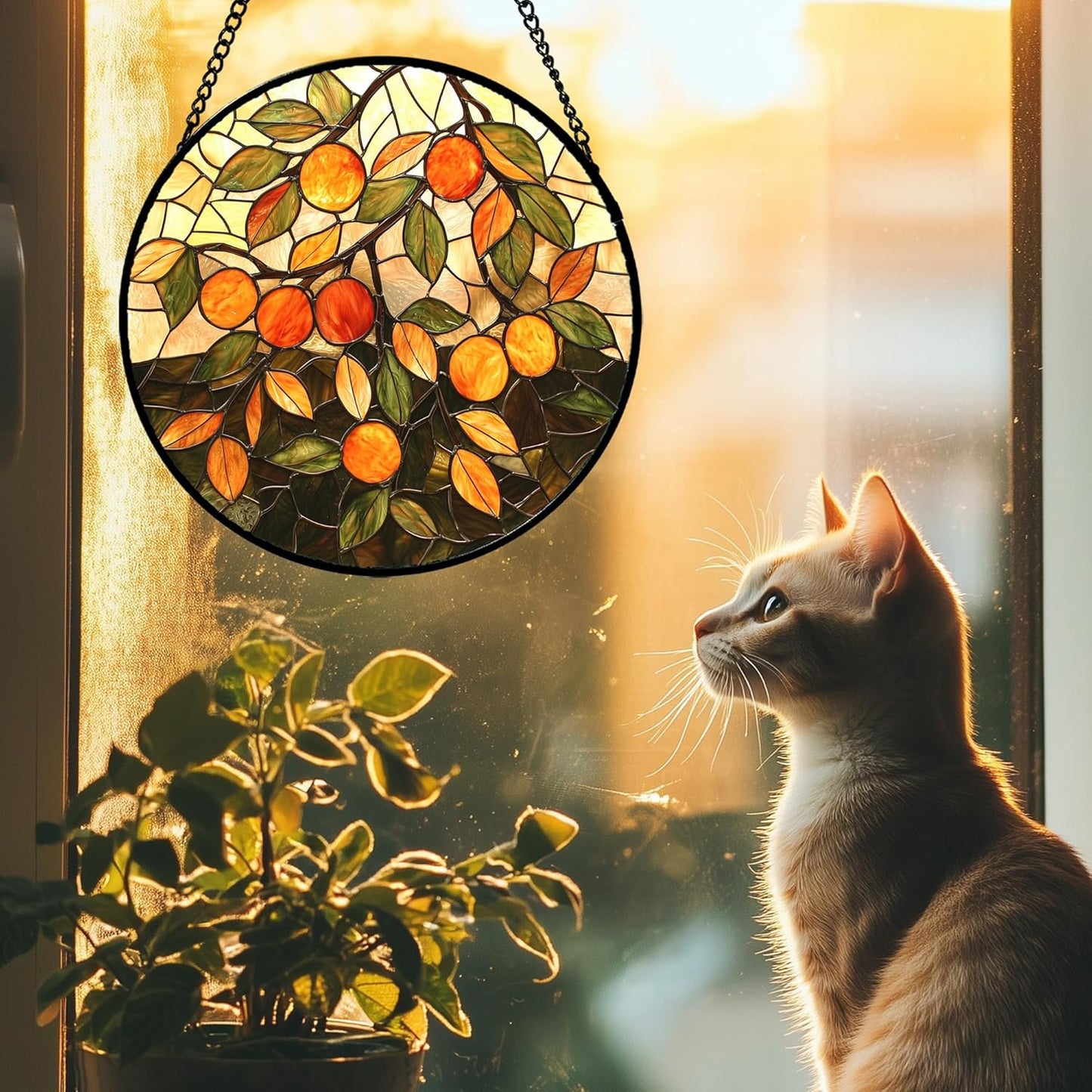 Stained Glass Suncatcher, Orange Green Fruit Tree Sun Catcher Landscape Stain Glass Window Hanging Decoration Mother's Day Birthday Gifts for Women Men Mom Nana 9.8 in