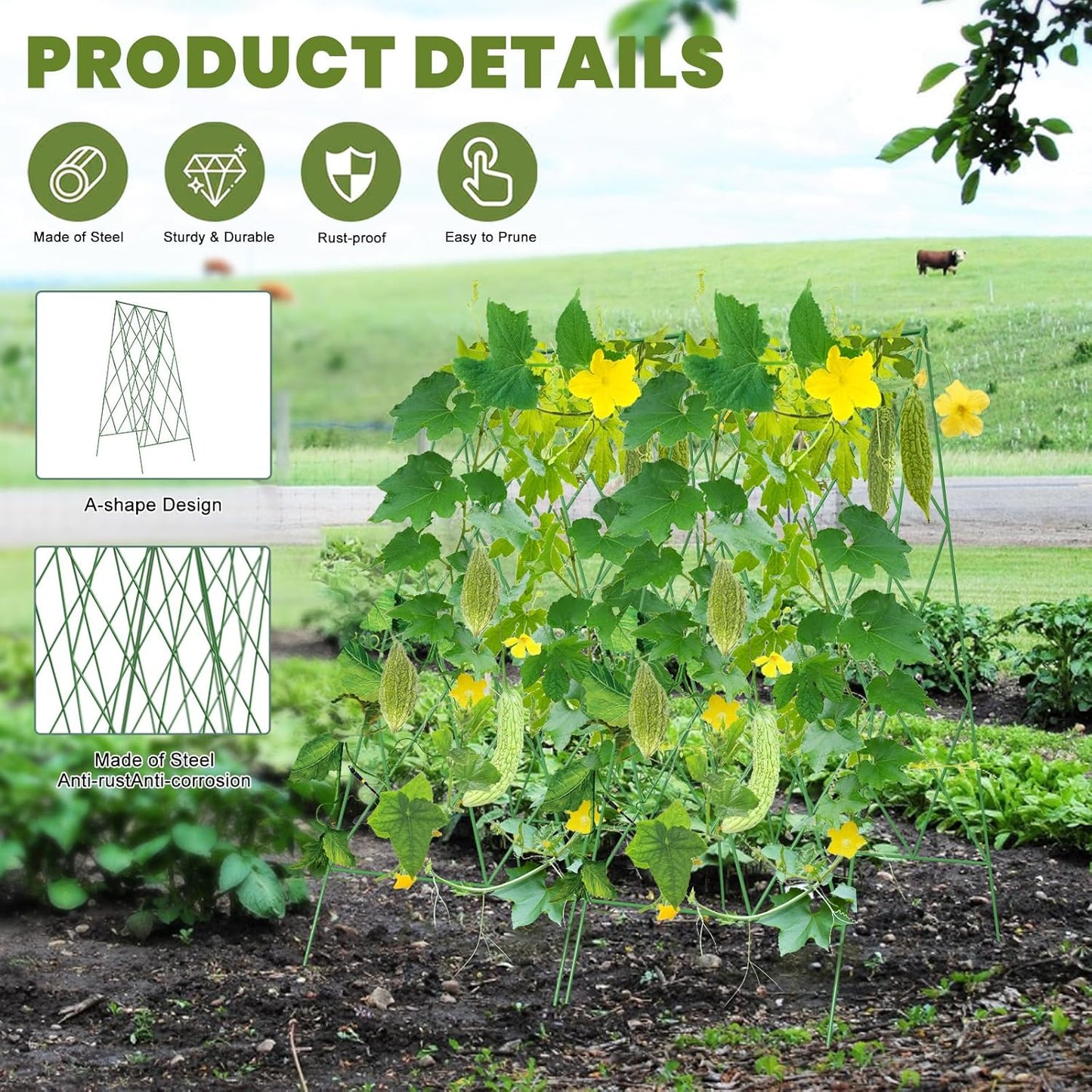 Cucumber Trellis 2 Pack, Foldable A-Frame Garden Trellis for Raised Bed Garden Grow Support with Plant Support Clips, Twist Ties, Plastic Ties, for Cucumber,Tomato, Climbing Plants and Flowers
