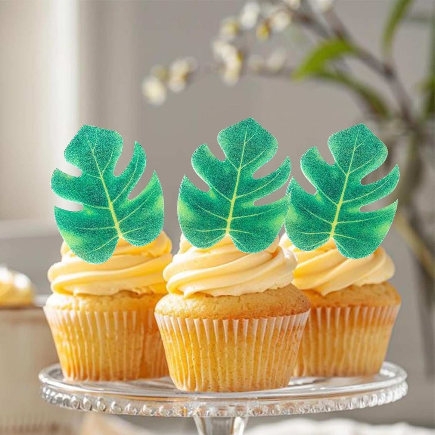 48 PCS Edible Tropical Turtle Leaves Cupcake Toppers Edible Wafer Paper Leaf Cupcake Picks Palm Leaves Cake Decorations For Hawaii Theme Baby Shower Birthday Jungle Party Cake Decoration Supplies