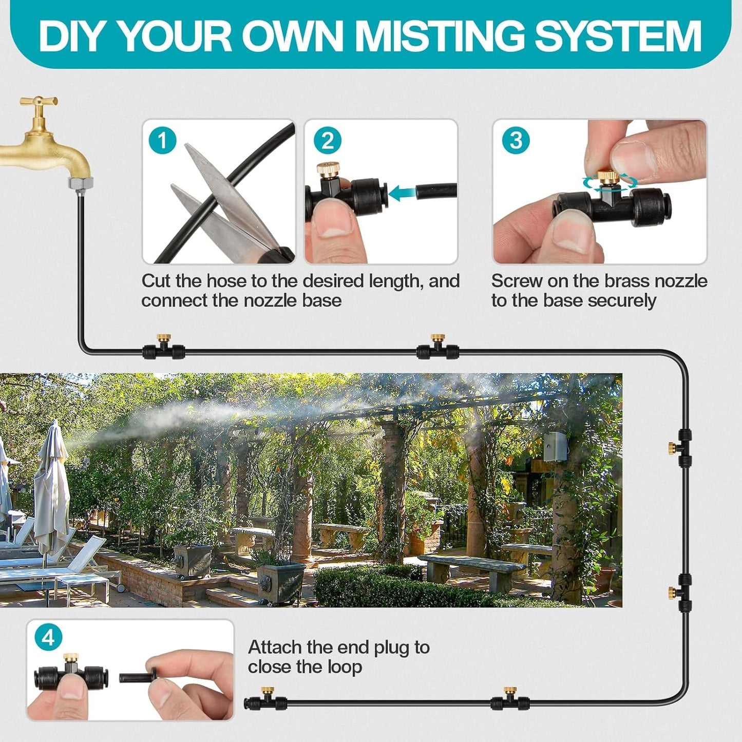 OnBrand Patio Water Misters for Cooling Outdoor, 40FT Mister for Outside with 3/4" Adapter and 11 Brass Mist Nozzles, Misting Cooling System with 11 Atomizing Connectors for Kids Pets Party Camping