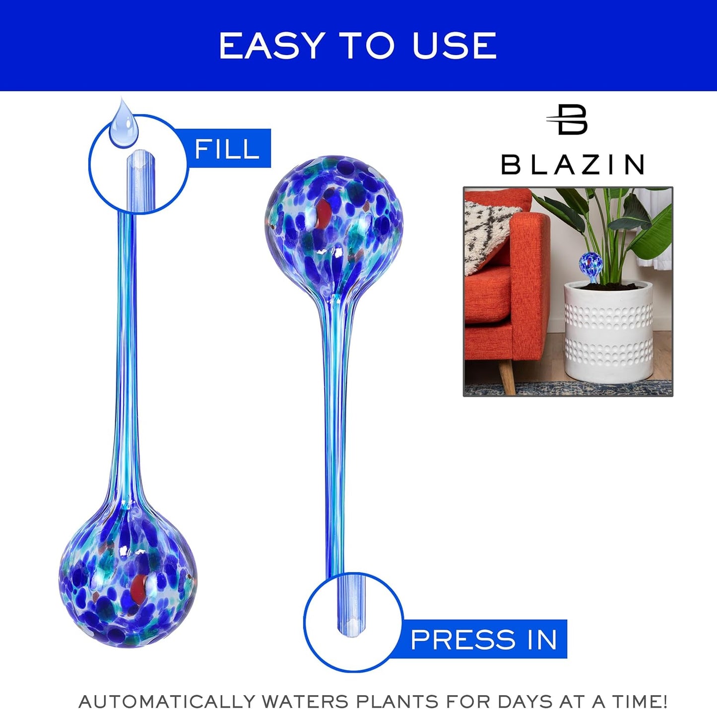 Blazin Indoor Plant Watering Globes | Automatic Self Water Bulbs | Aqua Water Globe | Decorative Hand-Blown Glass | 4pc Deluxe Set (Large)