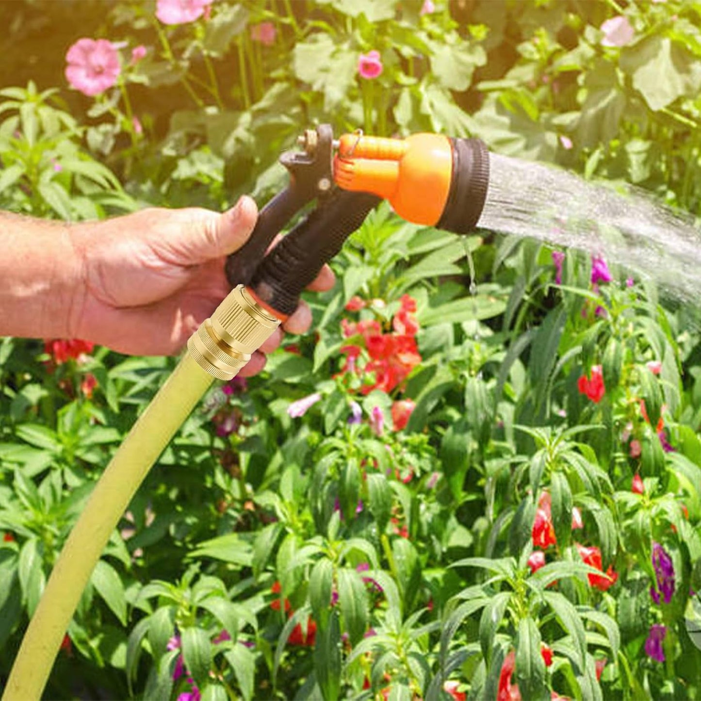 Hourleey Garden Hose Quick Connector, Solid Brass 3/4 Inch GHT Thread Garden Quick Connect Kit, Male and Female No-Leak Water Hose Fittings (8 Set)