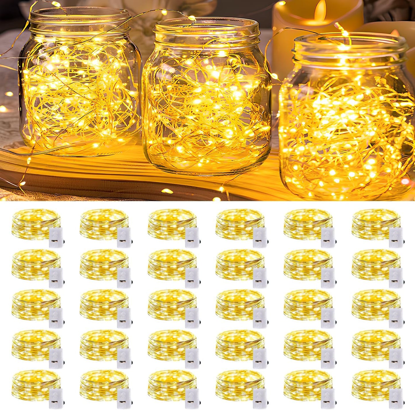 30 Pack LED Fairy Lights Battery Operated,7FT 20 LED Waterproof Mini Twinkle String Lights Battery Powered for Christmas Mason Jars Party,Warm White