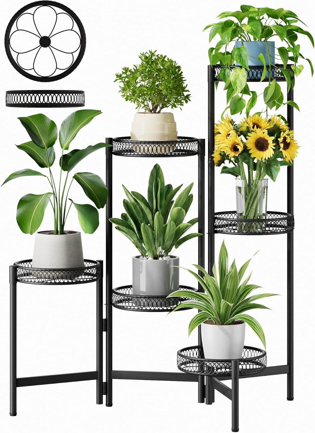 5 Tier Large Plant Stand Indoor with 7.9-Inch Wide Drainage Tray, Tiered Corner Metal Outdoor Flower Display Holder Shelf, Folding Tall Rack for House Patio Porch Balcony Graden - BlackFlower