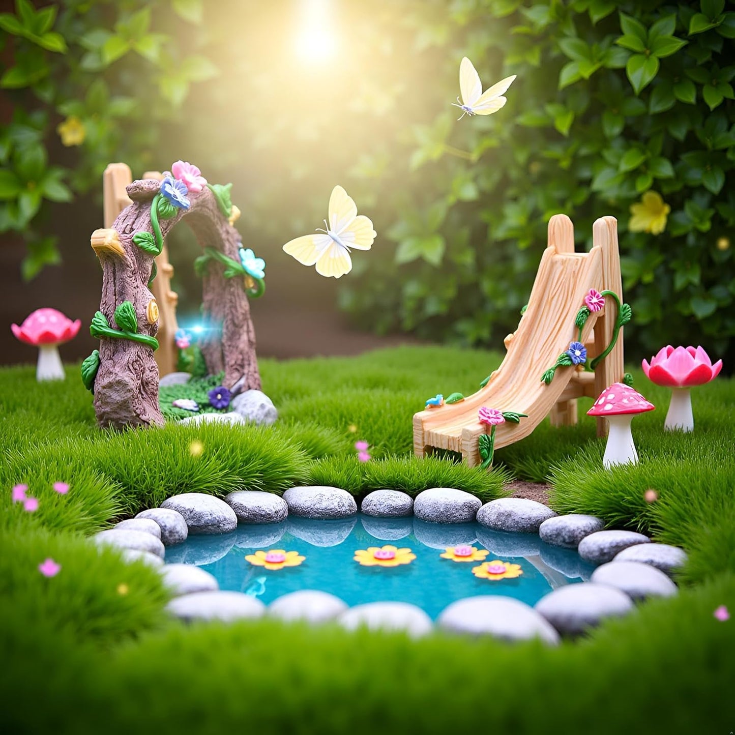 Kai Dream Miniature Fairy Garden Accessories Set, 2 Piece Resin Decorative Landscape Kit with Arch and Slide, Floral Garden Ornaments