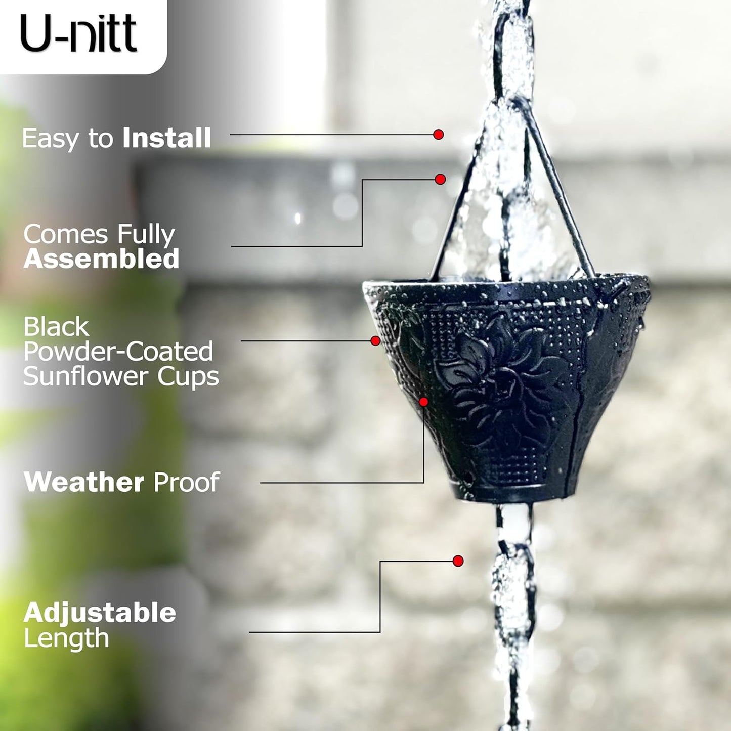 U-nitt Rain Chain Water Collection for Gutters, Rainwater Catcher & Diverter, 8.5 FT Chains for Outside Garden, Sunflower Cups, Roof Downspout, Works with Heavy Rain, w/Gutter Clip for Rainchains
