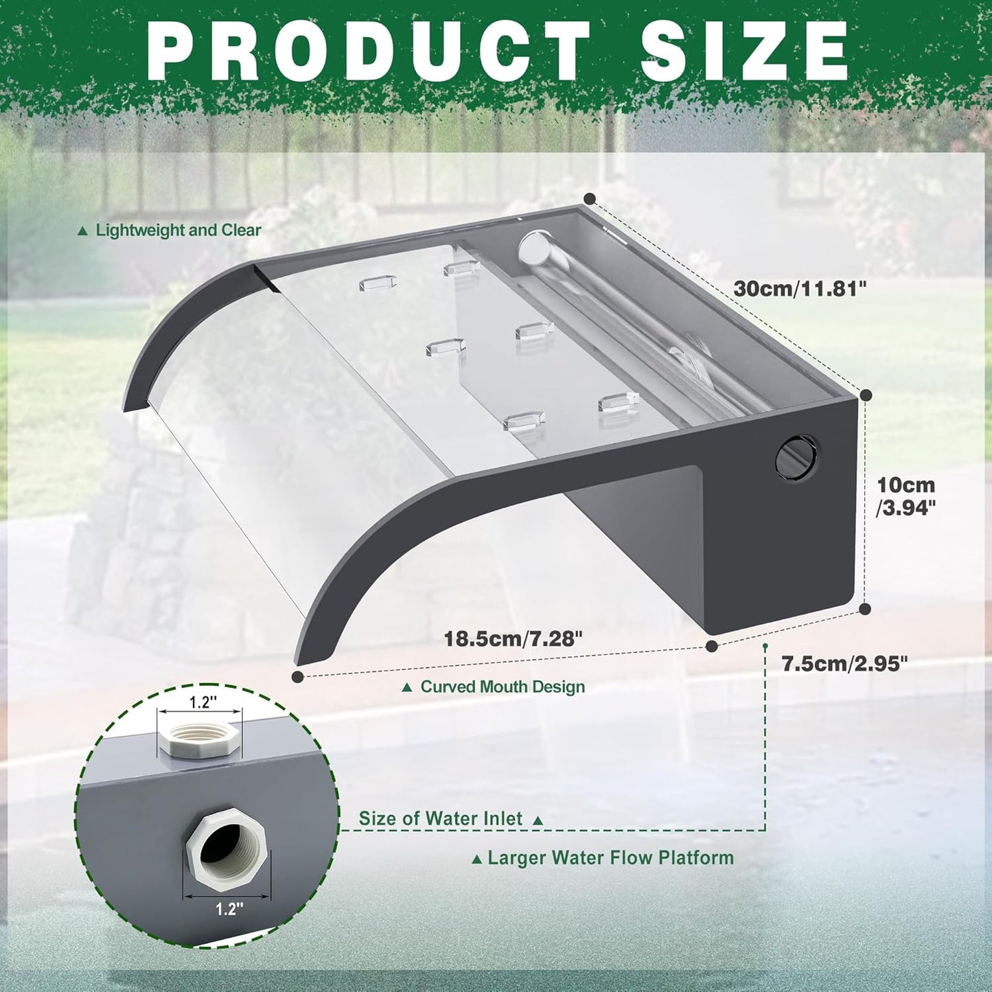 Waterfall Pool Fountain, LONGRUN Waterfall Spillway for Koi Ponds - 11.8" Transparent Acrylic Water Fall for Swimming Pool, Garden Pond, Patios, Spa Decoration