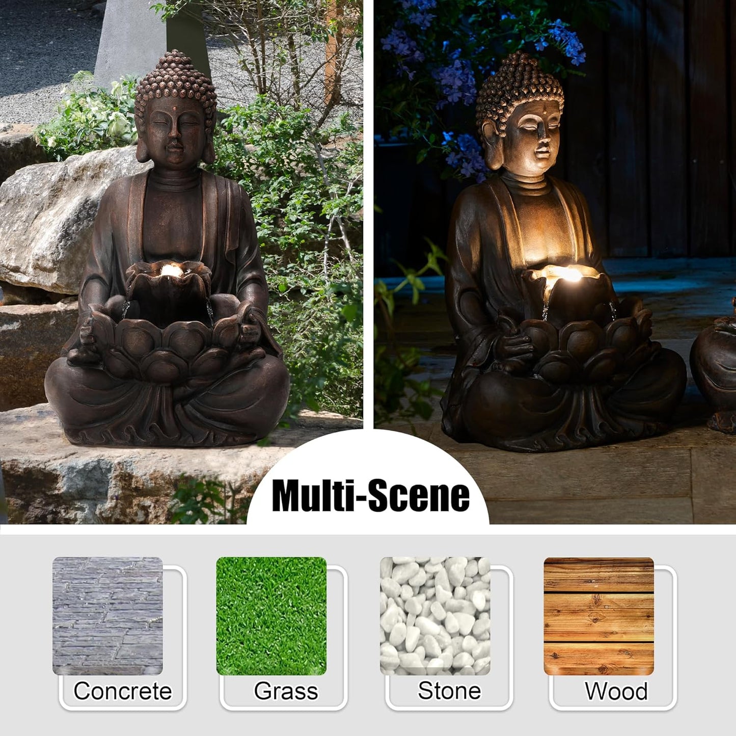 Glitzhome Buddha Fountain with Pump & LED Light, 2 Tier Zen Style Meditating Buddha Water Fountain Outdoor Fountains and Waterfalls Floor Fountains Buddhas Statues for Garden Patio Backyard 23" H