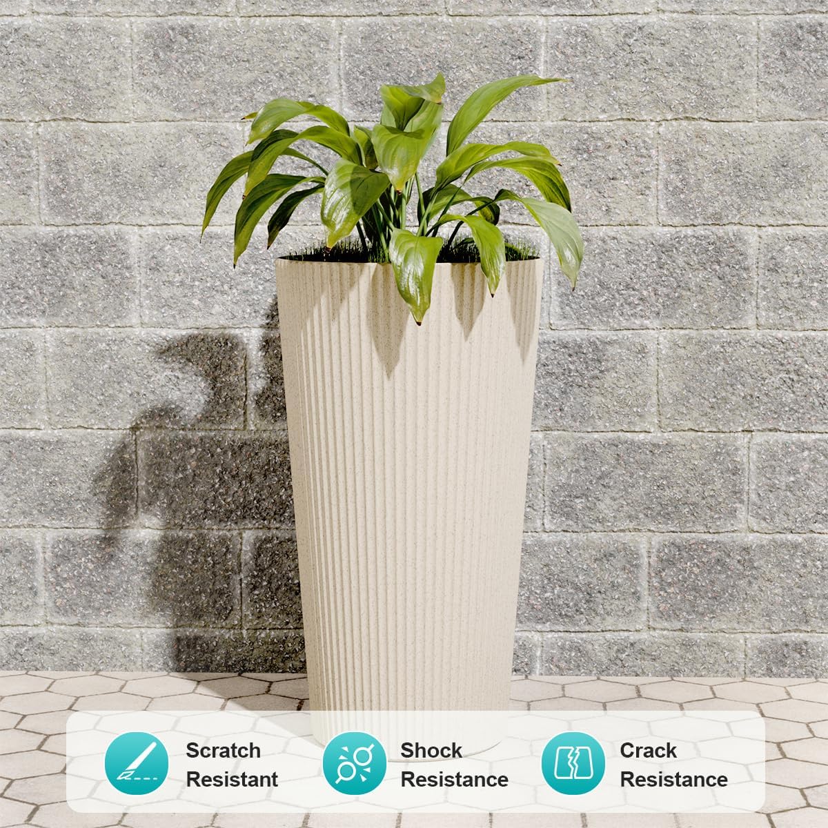 23.6" Tall Outdoor Planters, Set of 2 Large Plastic Flower Pots for Indoor & Outdoor Use, Modern Striped Decorative Garden Planters with Drainage Holes for Patio, Porch, Balcony, Beige