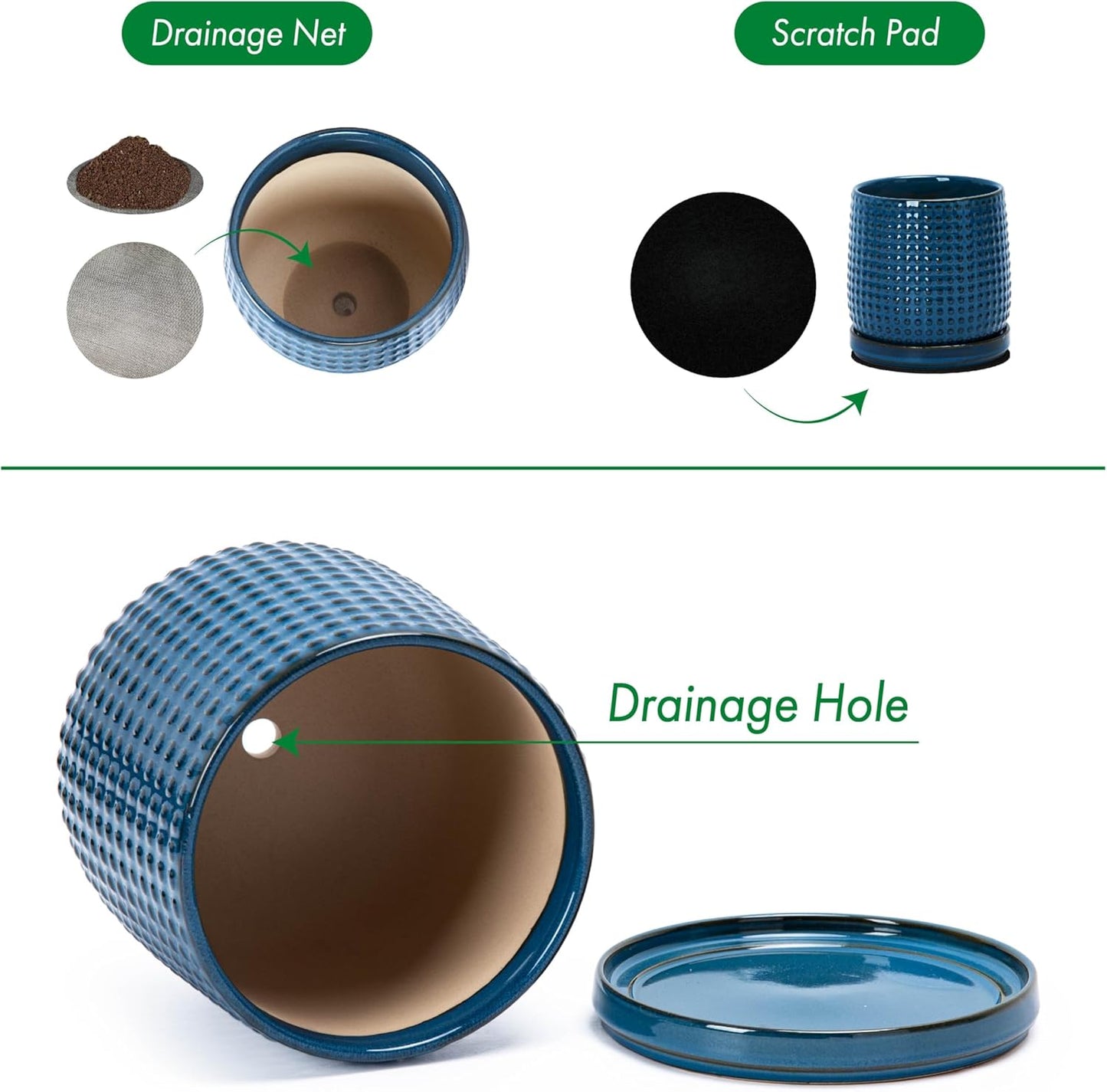 D'vine Dev 4 Inch Ceramic Beaded Stoneware Planter Pot - Flower Pot with Drainage Holes and Saucers for Indoor Succulent Plants or Flowers, Midnight Blue, 27-C-Z-3