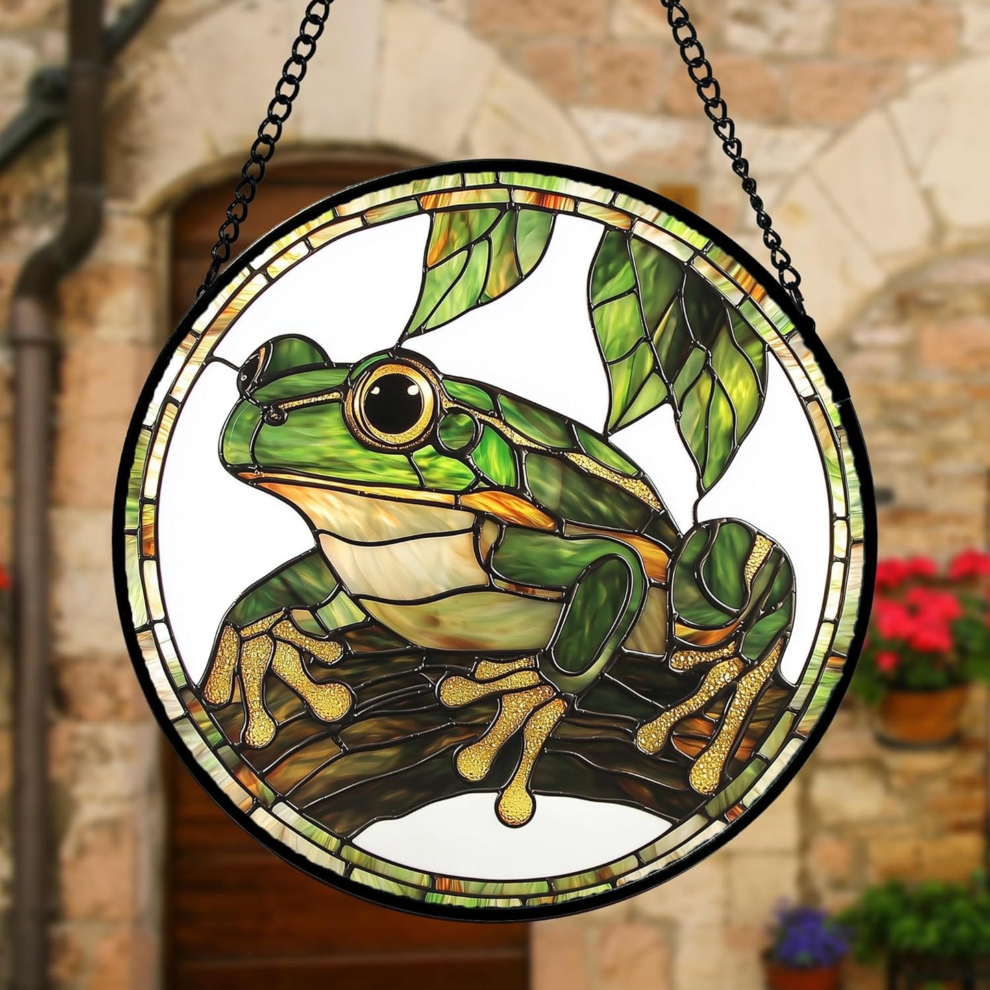 Stained Glass Window Hanging, Frog Green Leaf Sun Catchers Colorful Glass Panel Cool Suncatcher Decor for Birthday for Women, Men, Wife, Aunt, and Mom 11.8x11.8 in