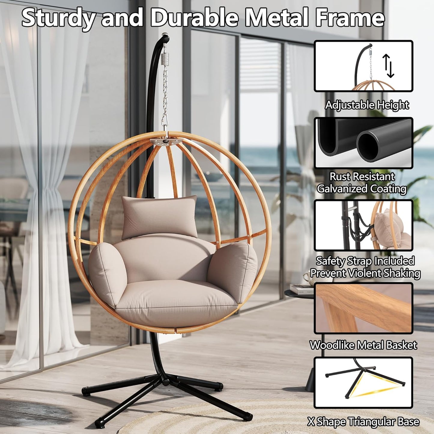 Egg Cahir Outdoor, Imitation Rattan Hanging Egg Chair with Stand, Hanging Chairs with Cushions, 80" High All Weather Basket Swinging Chairs, Egg Swing Chairs Outdoorfor Balcony/Deck, Khaki