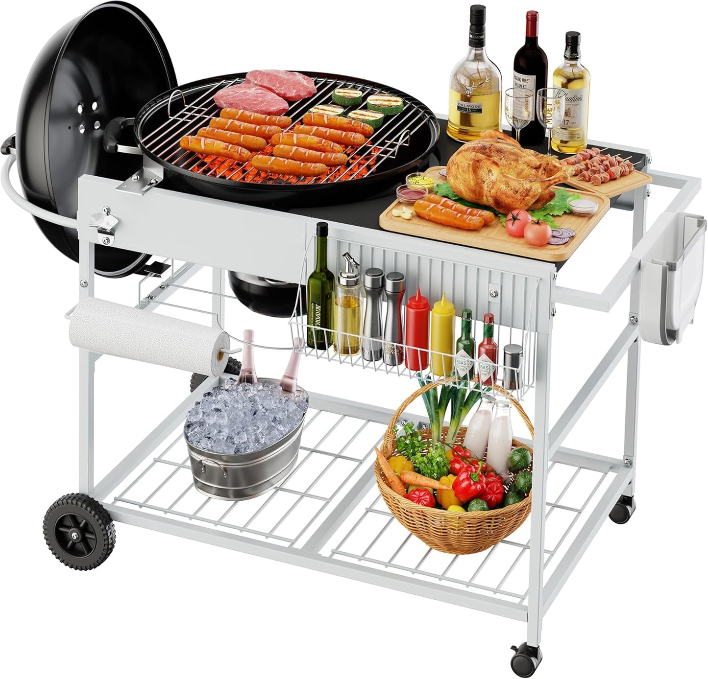 JY QAQA Grill Table for Weber 22" & 18" Original Kettle, Stand Cart for Jumbo Joe, Master-Touch, Performer Charcoal Grills with Sliding Lid Rack, Spacious Surface, Lockable Wheels for Outside