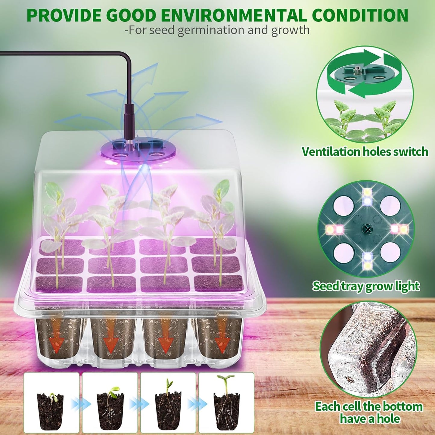 Seed Starter Tray with Plant Light, 2 Pack Grow Lights for Seed Starting Kit with Humidity Domes, Timing Controller Adjustable Brightness for Greenhouse Propagator Station Growing Transparent