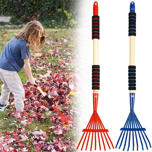 2 Pack Kids Rakes for Leaves, 28" Small Metal Toddler Rakes Garden Lawn Rake with Hardwood Handle and Soft Grip, Lightweight Child Size Yard Leaf Rake Kid Gardening Tools Set for Boys and Girls