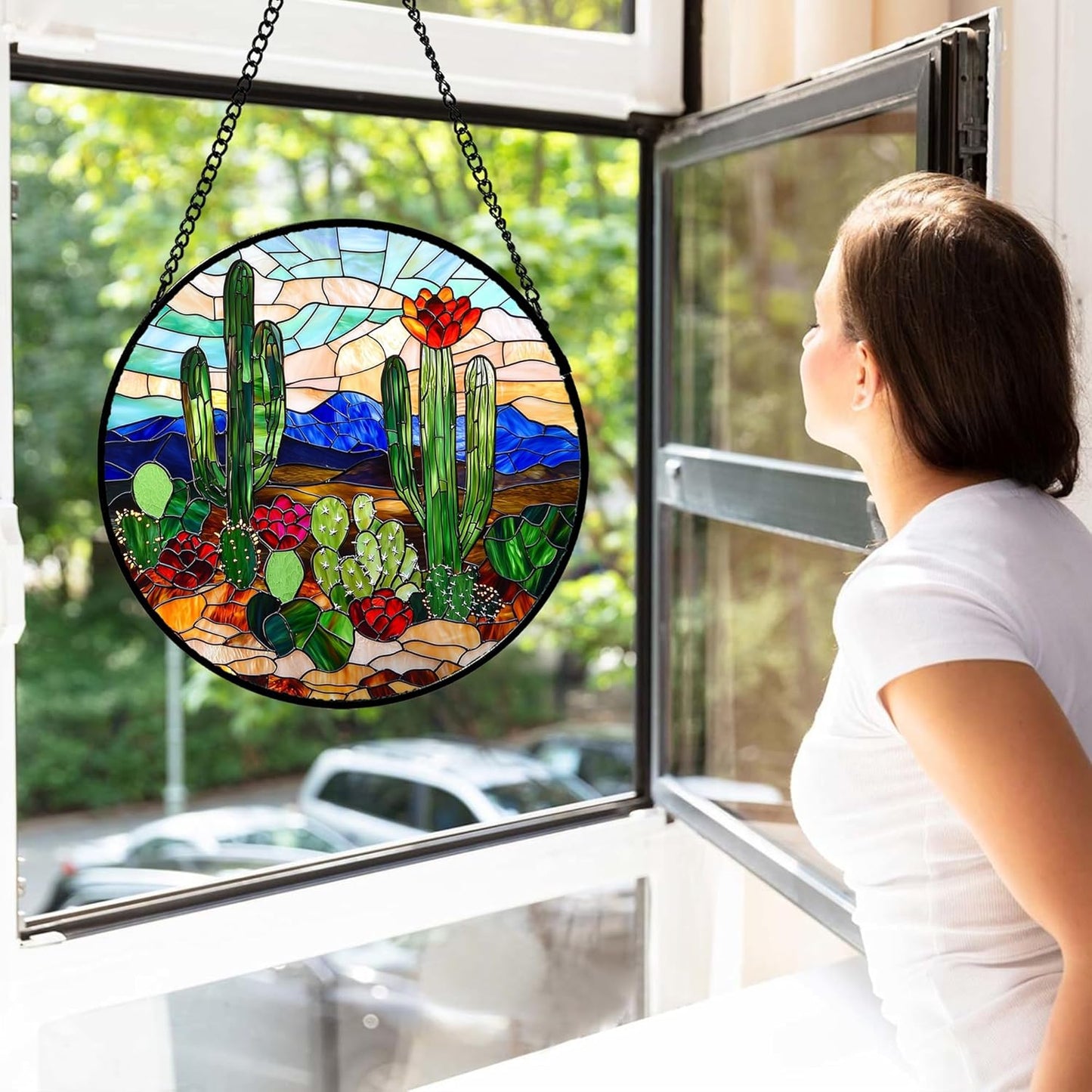 Stained Glass Window Hanging, Green Cactus Suncatcher for Doors Window Home Plant Landscape Sun Catchers Decoration Mother's Day Birthday Gifts for Women, Men, and Mom 9.8 in