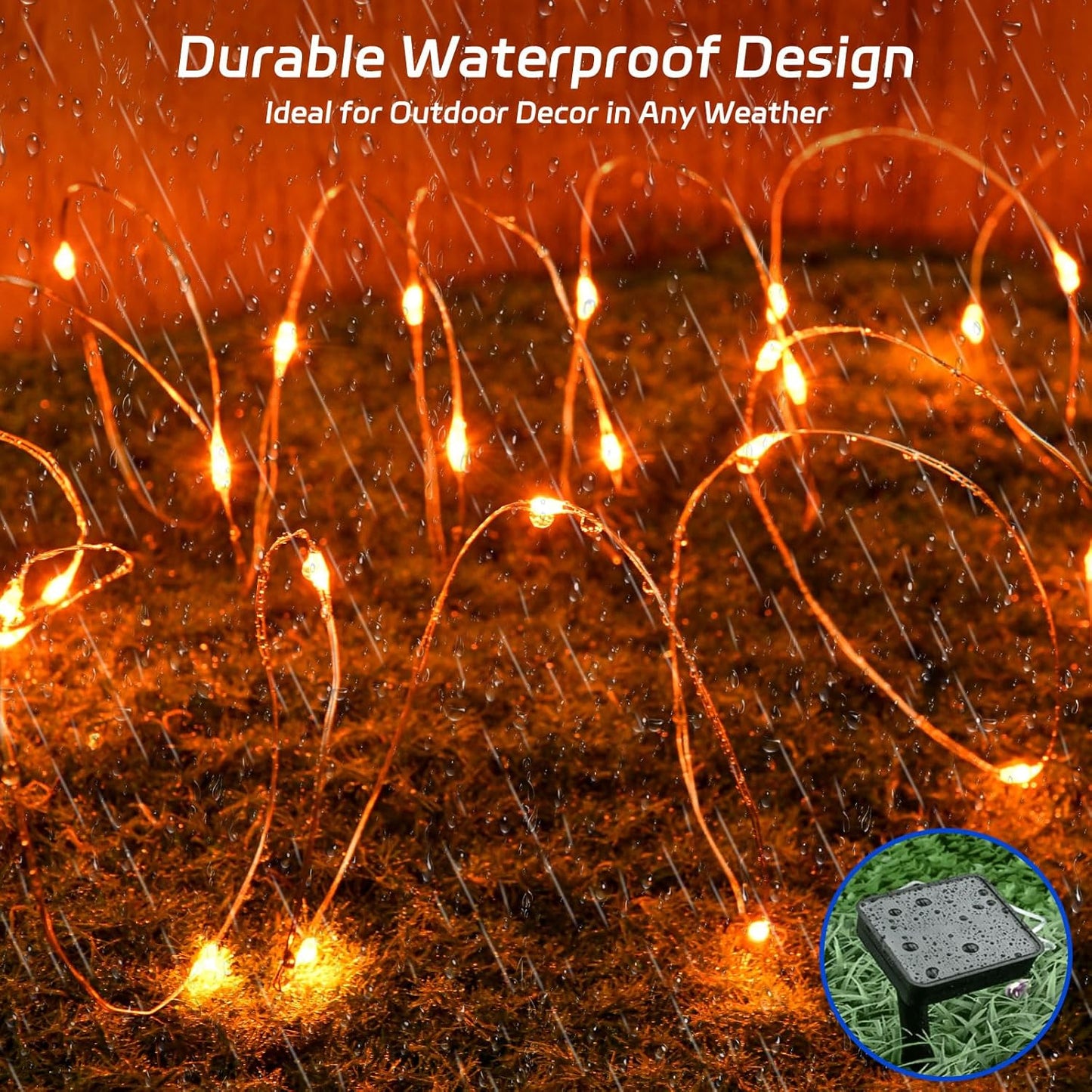 Halloween String Lights Outdoor Waterproof, Solar Fairy Lights 16.4ft 50LED 8 Modes Orange Halloween Lights for Yard Outside Pathway Patio Party Backyard Decorations