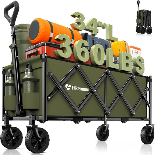 34'' Extra Long Collapsible Wagons Carts Foldable, 360LBS Heavy Duty Folding Beach Wagon with Wheels, Portable Utility Outdoor Cart for Grocery, Garden, Sports, Camping, Green