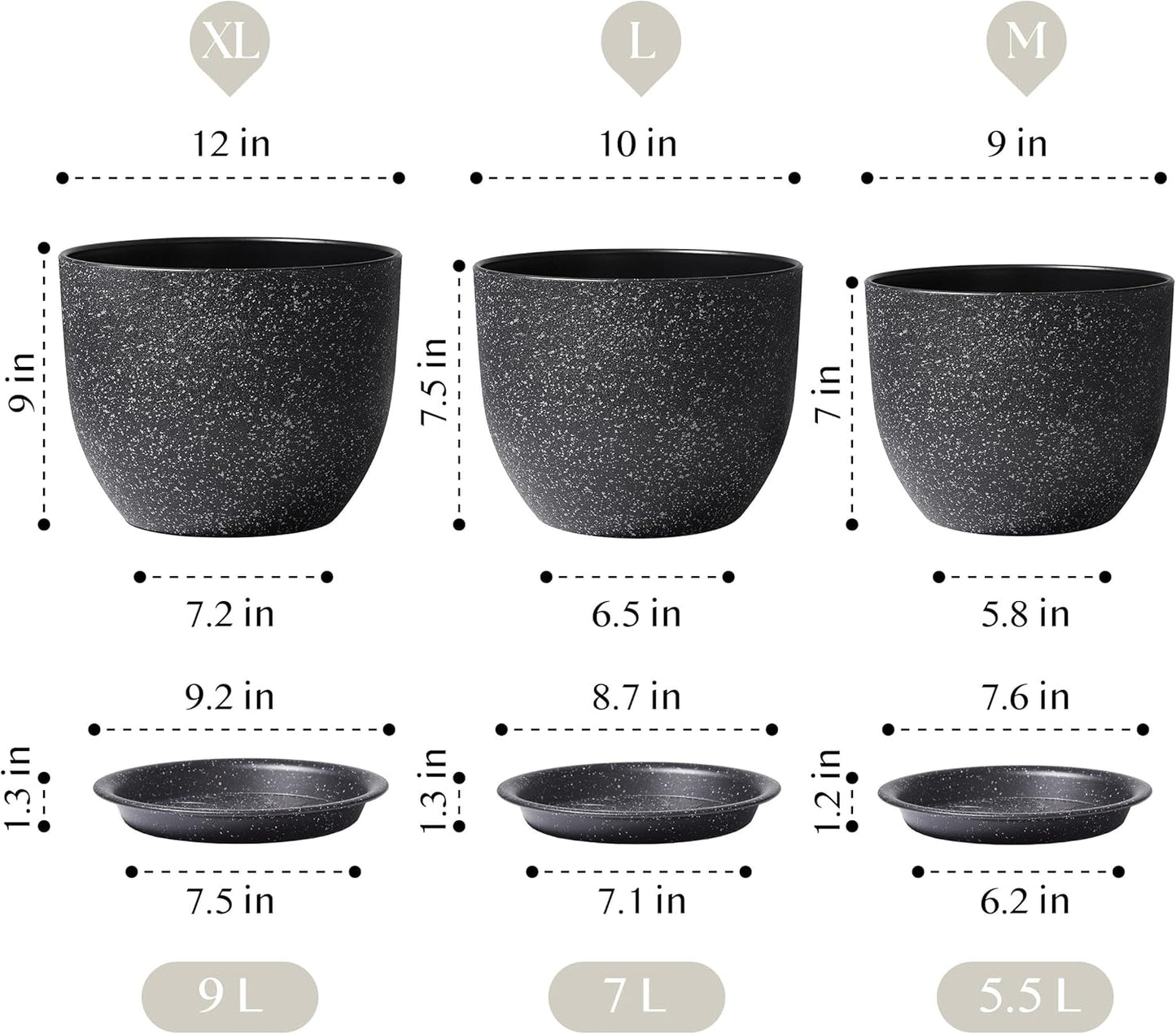 Giraffe Creation 12/10/9 Set of 3 Speckled Black Plant Pots, Modern Indoor & Outdoor Planters with Drainage Holes and Saucers
