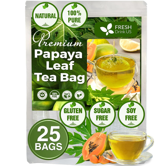 FreshDrinkUS, Premium 25 Papaya Leaf Tea Bags, 100% Natural & Pure from Papaya Leaves. Loose Leaf Papaya Herbal Tea. Made with Natural Material Tea Bags. No Sugar, No Caffeine, No Gluten, Vegan.