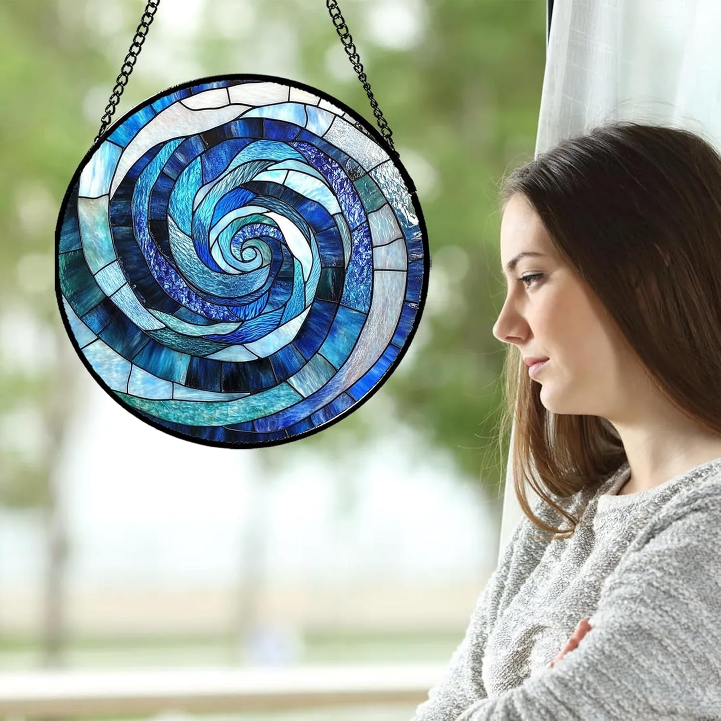 Stained Glass Window Hanging - Blue Abstract Swirl Suncatcher for Doors Garden Patio Unique Sun Catchers Decor Christmas Mother's Day Birthday Gifts for Women Men Mom Nana Friend 11.8 in