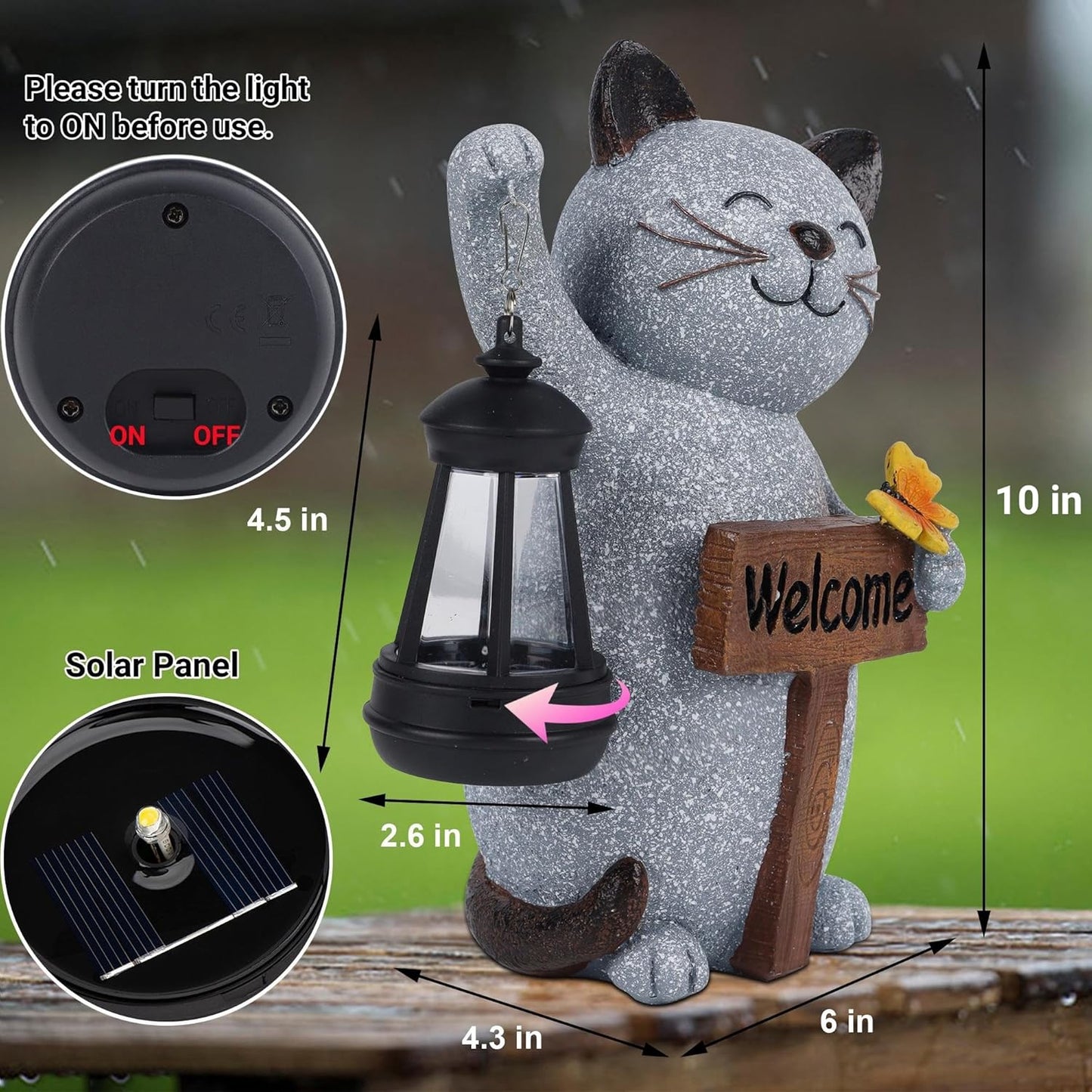 Juegoal Garden Statue Solar Cat Figurine with Lantern, 10" Resin Kitten Outdoor Lawn Porch Yard Art, Lighted Christmas Birthday Gifts for Mom Grandma
