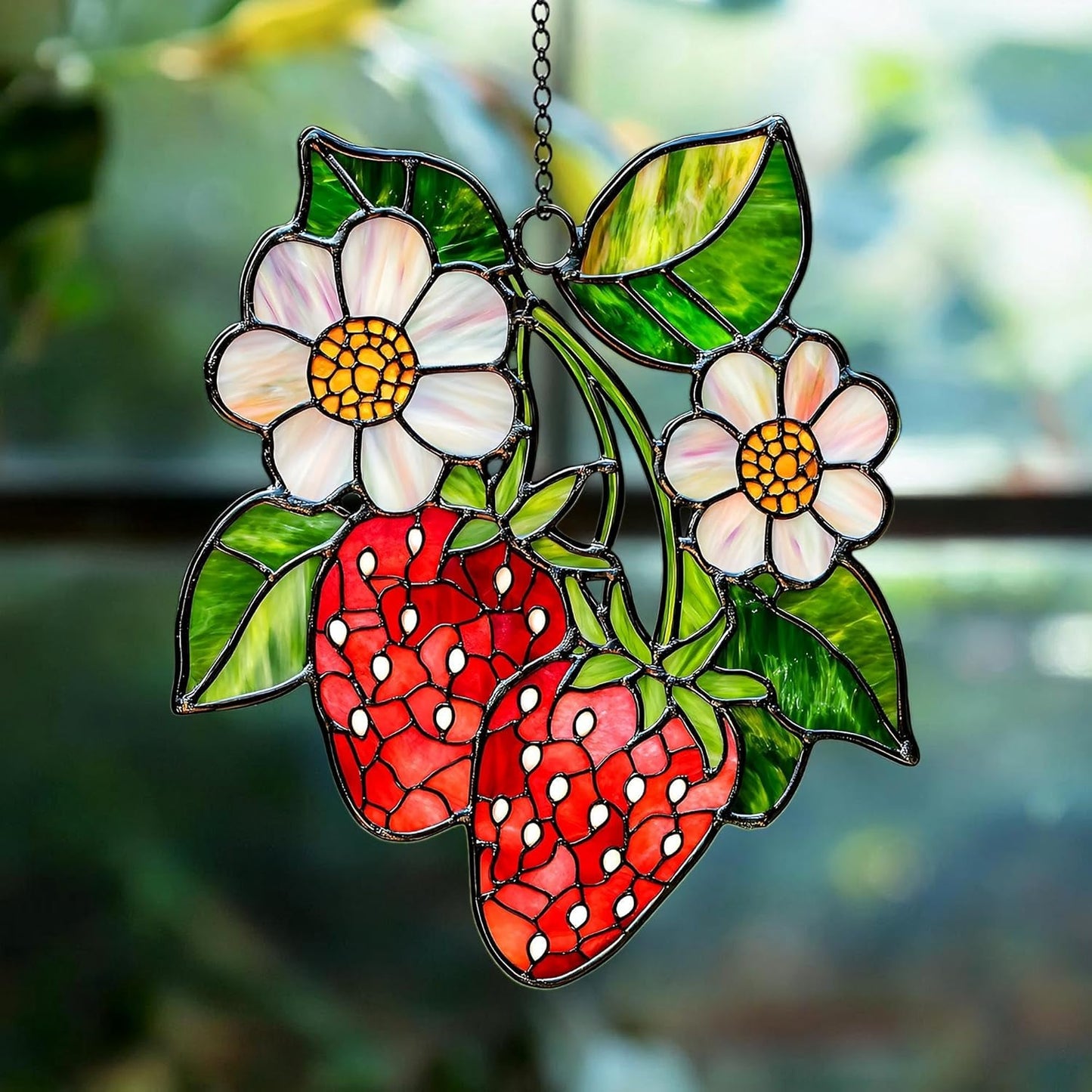 Strawberry Branch Acrylic Suncatcher Window Hanging Floral Home Decor Nature Lover Housewarming Gift