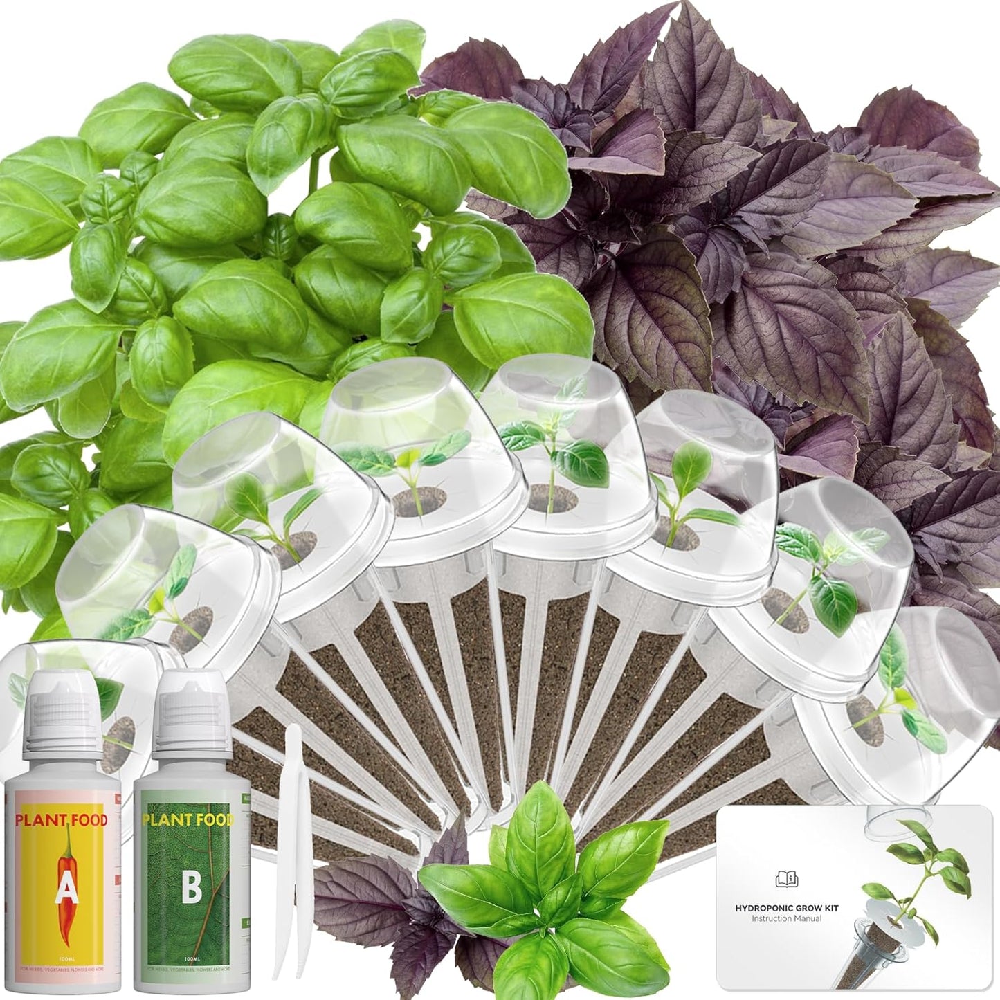 Hydroponics Seed Pod with Genovese Basil & Purple Basil, 8 Pods Complete Kit with Sponge, Basket, Dome, Label, Compatible with AeroGarden, Ahopegarden, GARDENCUBE, iDoo & MUFGA Indoor Smart Gardens