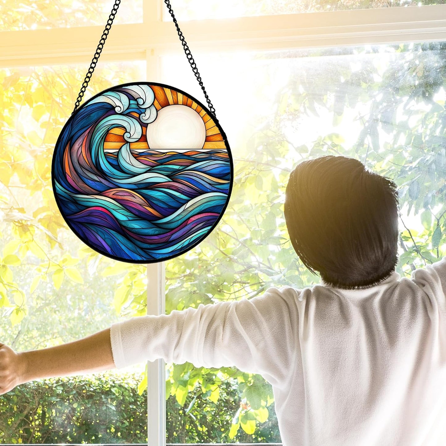 Stained Glass Window Hanging, Big Wave Sun Suncatcher Diamond Glass Panel Hangings Abstract Sun Catchers Decor for Birthday for Women, Men, Wife, Aunt, and Mom 11.8x11.8 in