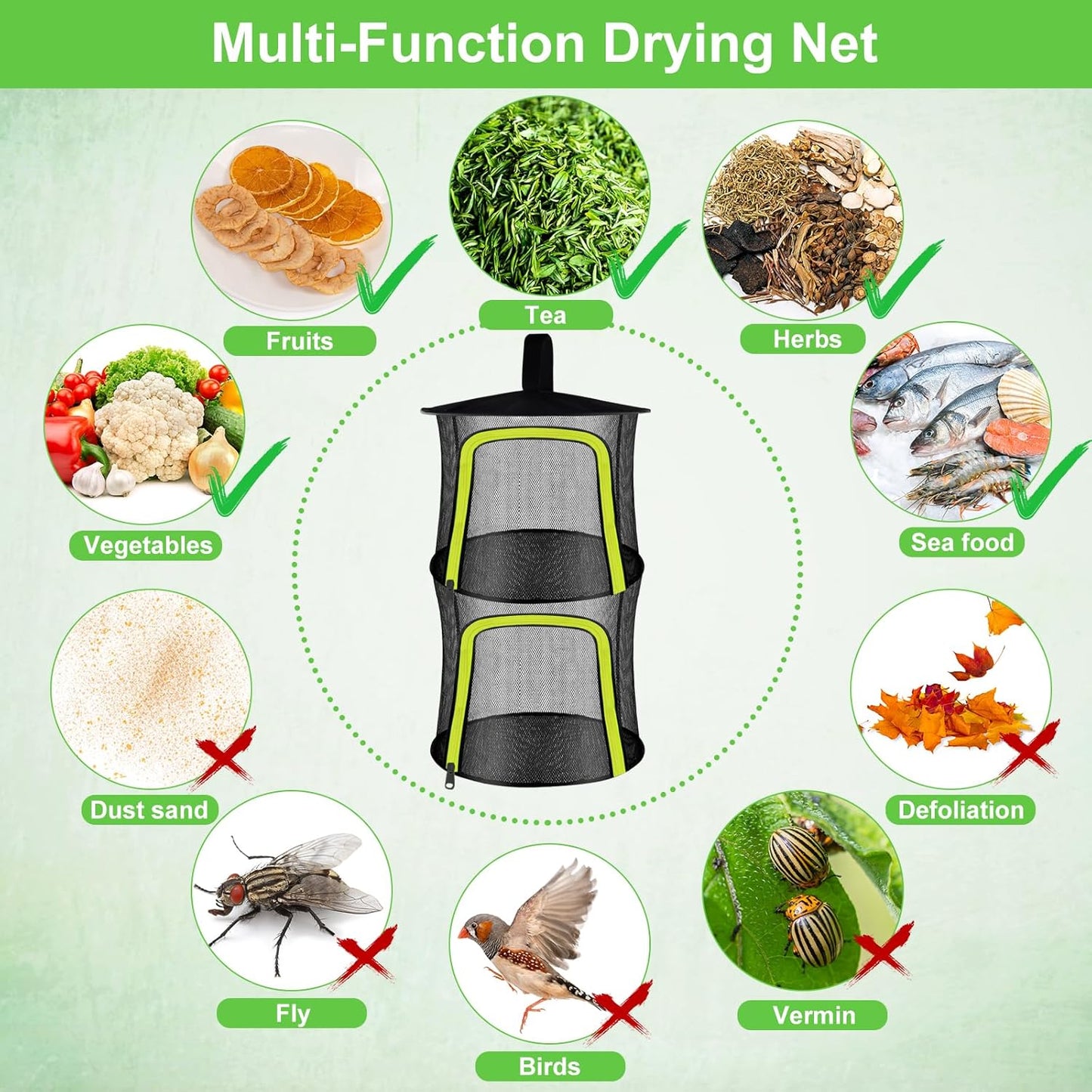 2 Layer Herb Drying Rack, Small Herb Drying Rack Hanging Mesh, Foldable Fish Drying Net with U-Shaped Zipper, Hooks, for Drying Herbs Plants, Flowers, Fruits, Food, Camping(2 Layers-11.81'')