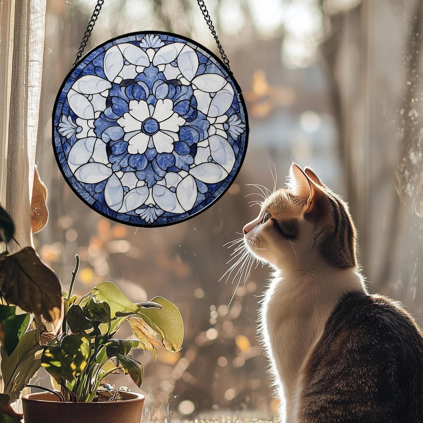 Stained Glass Window Hanging - Blue White Floral Pattern Suncatcher for Doors Garden Retro Sun Catchers Decor Christmas Mother's Day Birthday Gifts for Women Men Mom Nana Friend Girl 11.8 in