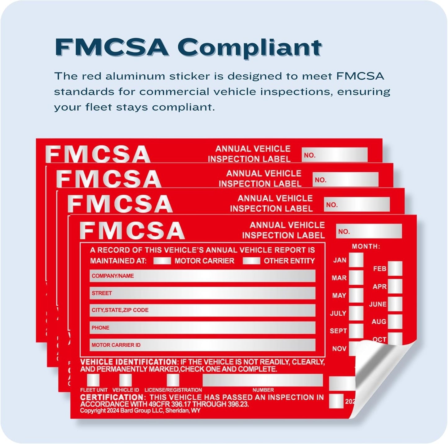 20-Pack DOT Compliant Aluminum Annual Vehicle Inspection Label – Red FMCSA Label with Punch Boxes