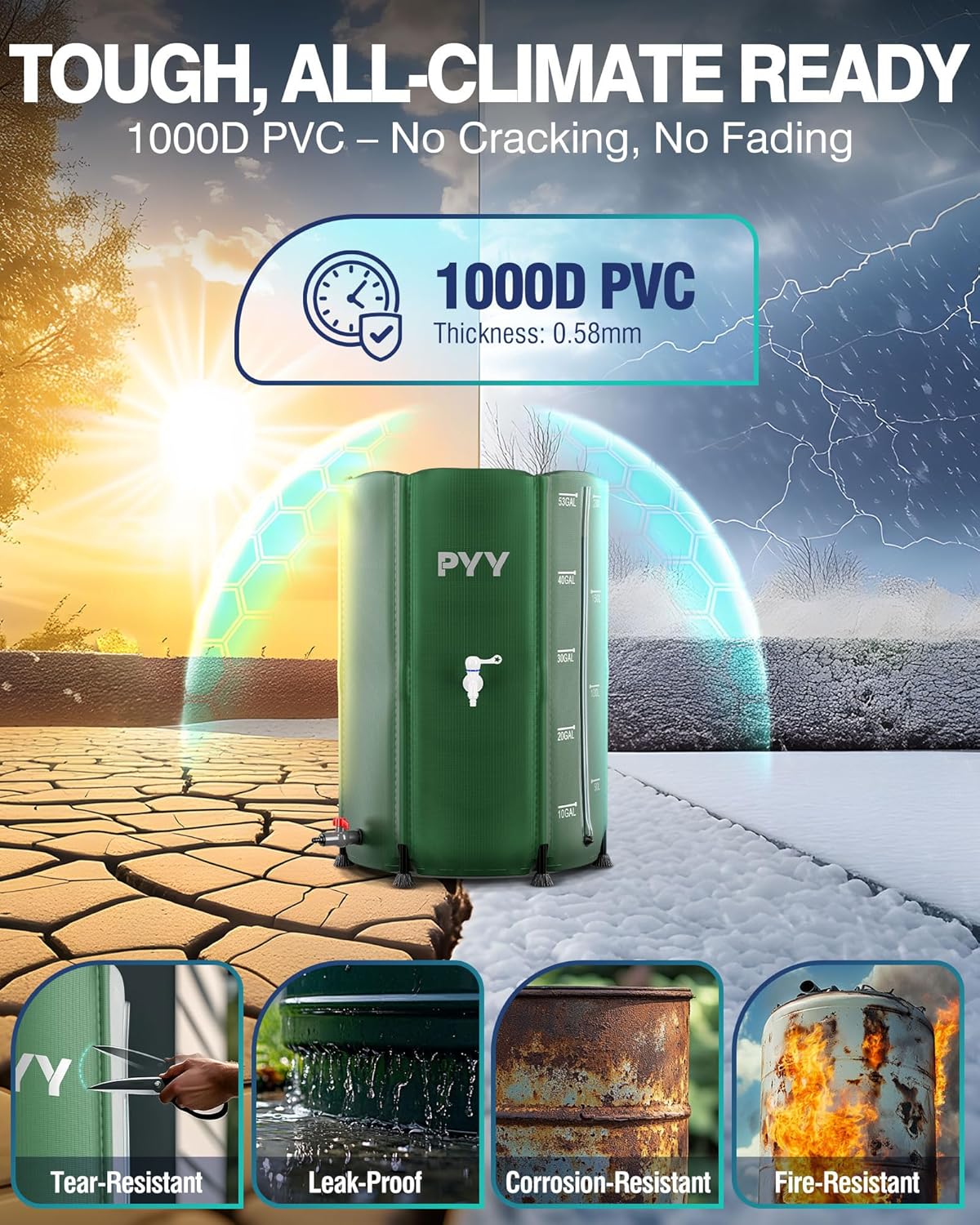 PYY Rain Water Collection Barrel - 53 Gallon Green Water Storage Tank with Spigots, Hose and Portable Bucket, Large Plastic Collapsible Rain Catcher Catchment System to Collect Rainwater from Gutter