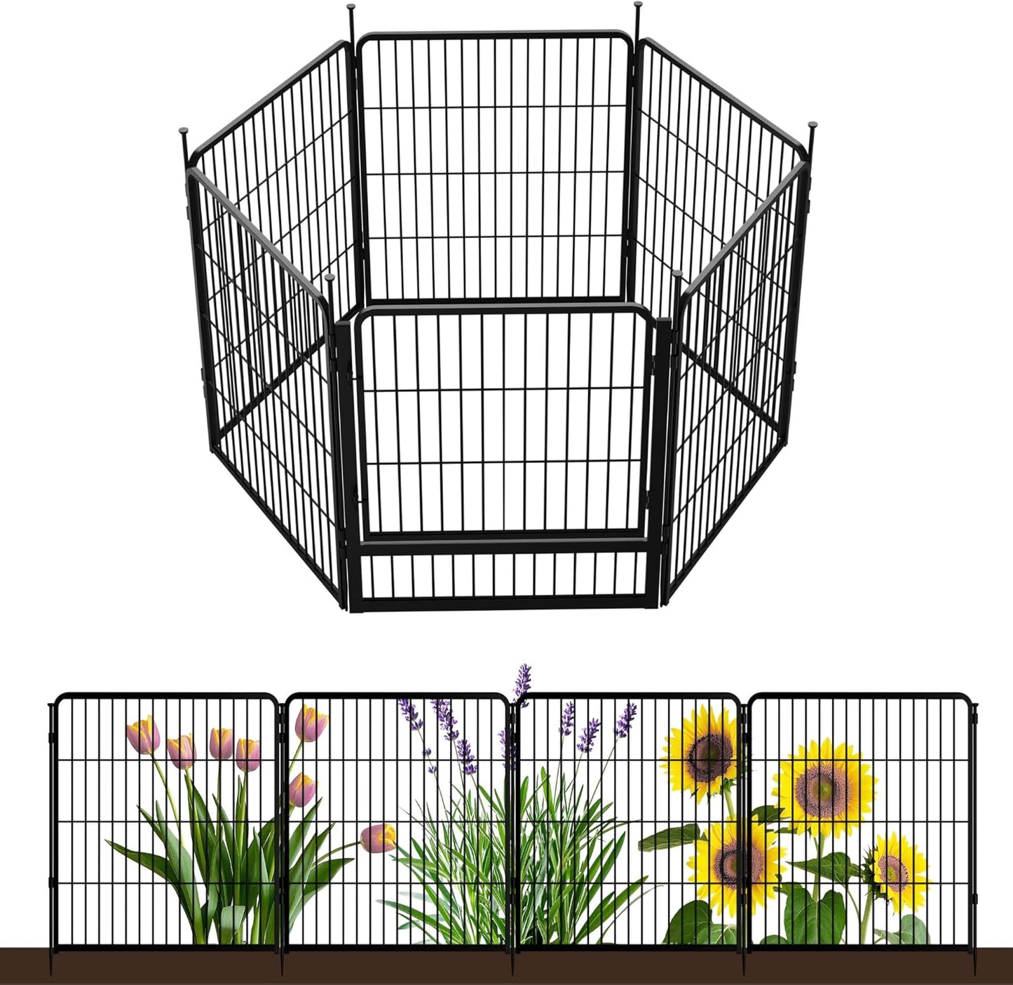 Decorative Garden Fence with Gate 32 in(H) x 13.4 ft(L) 6 Panels, Heavy Duty Metal Animal Barrier Fence for Yard, Flower Bed Fencing, Garden Border Fence, Easy Set Up, Black